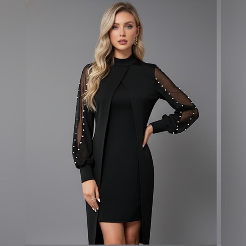 Black Round Neck Pearl Mesh Contrast Midi Dress
